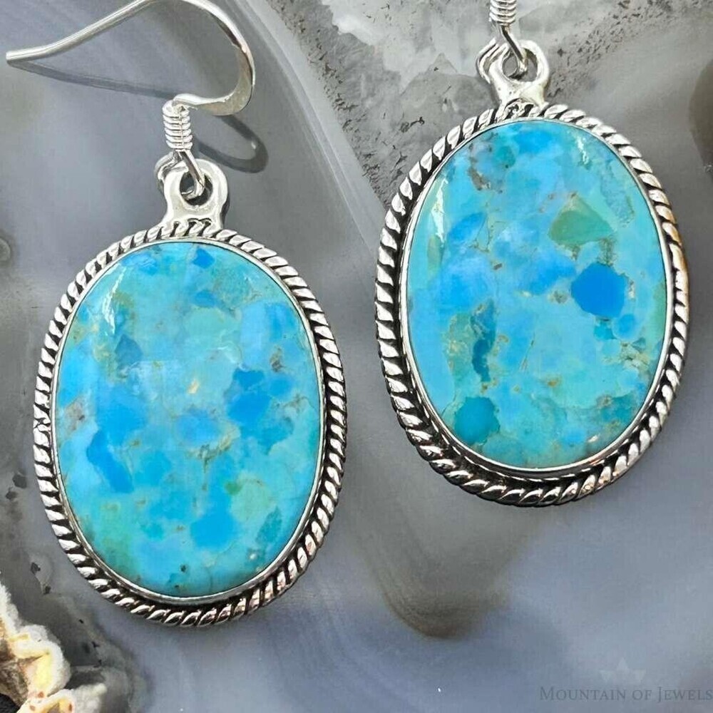 Sterling Southwestern Style Oval Mojave Turquoise Dangle Earrings For Women - Picture 6 of 10